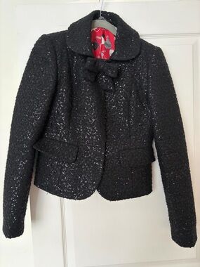 Black Sequin Bouclé Bow-Front Jacket